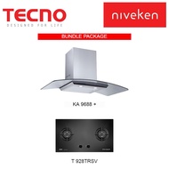 Tecno KA 9688 Tempered Glass Designer Chimney Cooker Hood + Tecno T 928TRSV 2 Burner Tempered Glass Hob