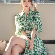Korean Style Dopamine Age-Reducing Green Floral Shirt Dress Fresh 2025 Small Lapel Beautiful Skirt E