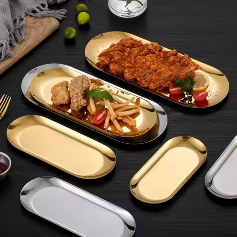 Gold plate Korean creative stainless steel oval plate Dim sum Dim sum plate long dinner plate barbec