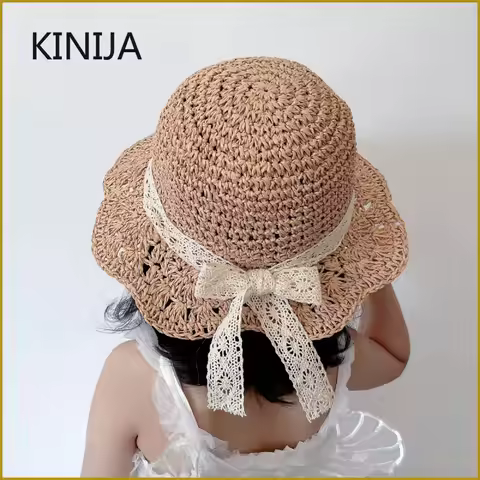 Children Straw Hat Summer Bucket Hat Lace Bow Baby Hat Panama Baby Girl Cap Beach Sun Cap Princess B