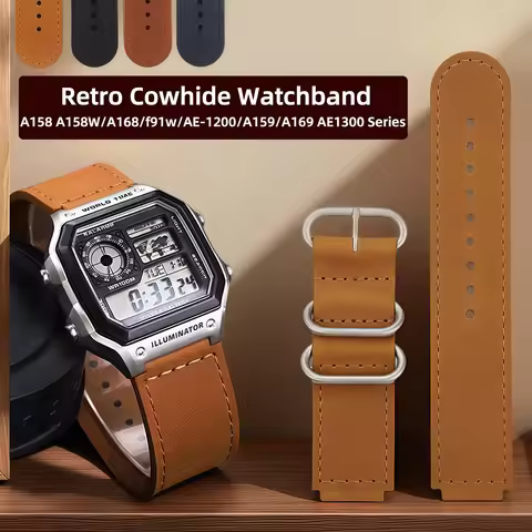 Retro Cowhide Watchband for Casio G-Shock A158W/A168/f91w/AE-1200/A159/A169 AE1300 Series 18MM Vinta