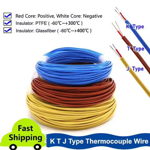 2~100m Thermocouple Wire K J T Type 2 Cores 0.3mm 0.5mm High Temperature Measuring Compensation Cabl