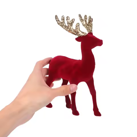 Glitter Red Flocked Reindeer Christmas Tabletop Decor Holiday Centerpiece Deer Statue Deer Antler Ve