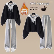 มีฮู้ด เสื้อสเว็ตเชิ้ต ผ้าขนแกะ เรียงราย หนาขึ้น High School Two Piece Set แขนยาว ซิป ปิด ผ้าฝ้าย Bl