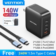 Vention 140W Gan Charger USB C Fast Charger หัวชาร์จเร็ว PD3.1 For iPhone 15 14 13 Pro Max Vivo Oppo MacBook Pro iPad Pro Samsung Xiaomi Huawei Vivo อะแดปเตอร์ Wall Charger PD Charger Free USB C Cable 1.5m