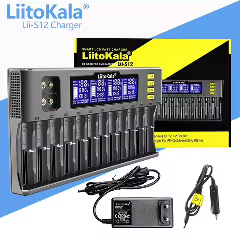LiitoKala Battery Charger Lii-S12 12-Slot LCD for Li-ion LiFePO4 Ni-MH Ni-Cd 9V 21700 20700 26650 18