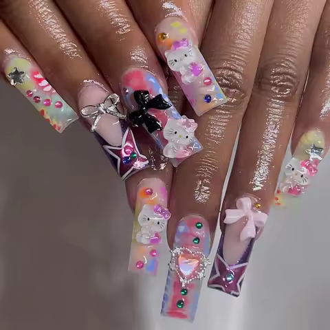 24 Long Square Armor Sanrio Hello Kitty Diamond Colorful Flash Diamond Black Pink Butterfly Diamond 