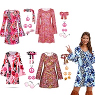 5pcs Set 60s 70s Retro Dress for Women Hippie Disco Costume Accessories Necklace Glasses Earrings Ha