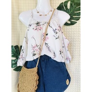 ••Reduced And Reduced Again. Off-Shoulder Top Spaghetti Strap White Chiffon Fabric With Floral Patte