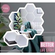 Cermin 3D Hiasan Rumah | Creative 3D Mirror 12pcs Modern Silver Mirror Geometric Hexagon Acrylic Wall