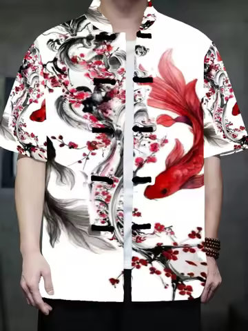 Men's Golden Koi Fish Moon Print Tang Suit Shirt Chinese Traditional Frog Button Short Sleeve Top 20