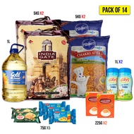 Indiagate Classic Basmati Rice 5KGX2, Pillsbury Chakki Atta 5kgX2, GRB Ghee Jar 1LX2, Wagh Bakri Premium Tea Special International Blend 225GX2, Gold Winner Refined Sunflower Oil 5L, Assorted Good Day biscuits 75gX5, Wheat flour, cow ghee (PACK OF 14)