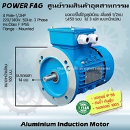 มอเตอร์ไฟฟ้าอลูมิเนียม แบบหน้าแปลน 3 เฟส (สาย) 220/380V. 4 Pole (โพล) 1500 รอบ ขนาด 1/2 แรงม้า (0.5 HP) สามารถใช้งานภายนอกอาคารได้ กันน้ำกันฝุ่น IP55