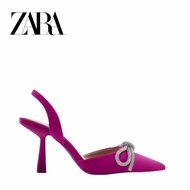 Zara Women's Shoes Rose Red Bow Rhinestone High Heels Stiletto Pointed Toe Back Empty Muller Shoes