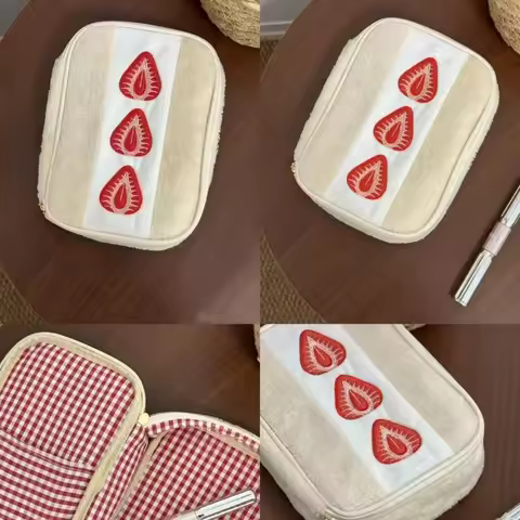 Y-1Pc Cute Embroidered Strawberry Pencil Case Portable Stationery Pen Box Multi Functional Large Cap