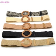 Adegree Summer Women Elastic Belt Round Bule Vintage Boho Straw Woven Belt Dress Belt