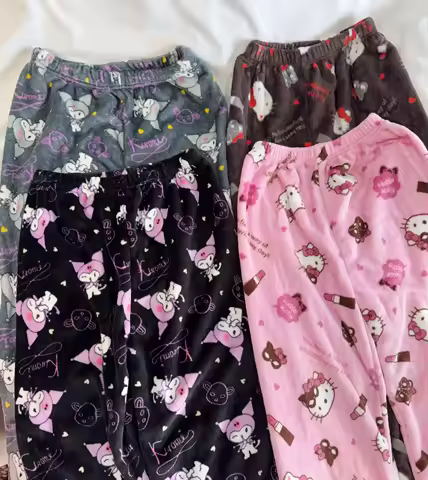 Hello Kitty Kuromi Flannel Pajama Pants Anime Cartoon Sanrio Home Pants Couple Home Sleepwear Trouse