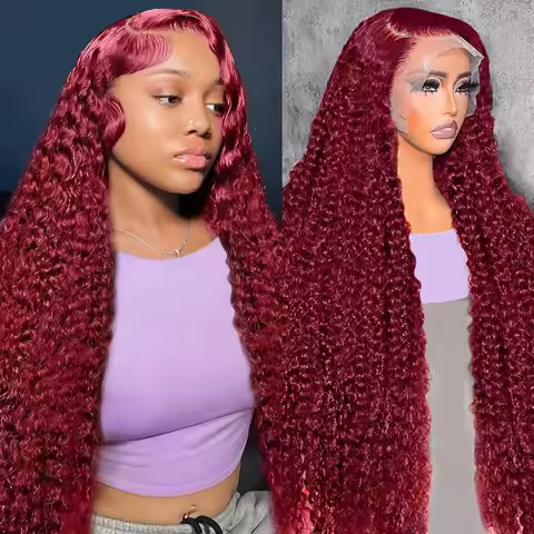 100% Human Hair Deep Wave 99J Burgundy 13x4 Lace Frontal Wig 13x6 Curly 40 46 Inch HD Lace Front Wig