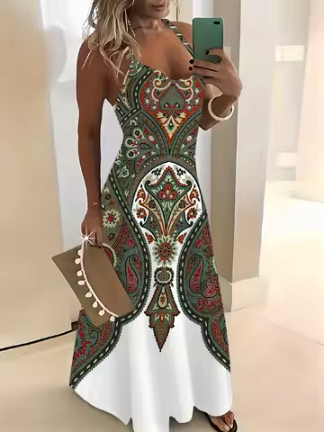Printed Design Green Brown Red Paisley White Hem Spaghetti Strap Maxi Dress