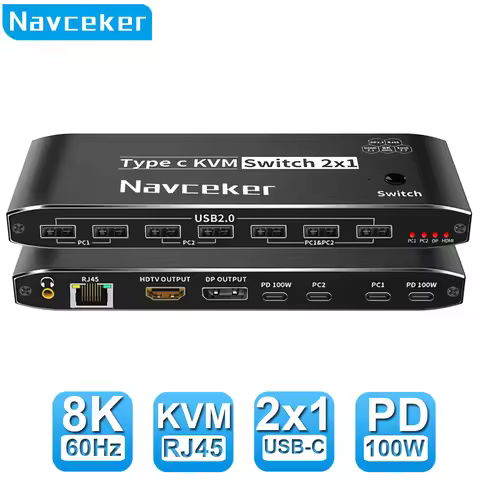 Navceker 2x1 8K Thunderbolt 4 USB C KVM Switch RJ45 100W PD Charge 4K 144Hz Type C KVM Switch Switch