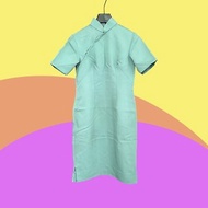二手 古董訂製 湖水綠 羅紋感 開衩 短袖 旗袍 CA404