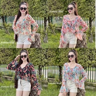 Sunny Square Collar Shirt With Bell-Shaped Ruffled Sleeves 8 Pieces Of Flowing Wrinkled Fabric Long 