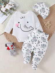 SHEIN 嬰兒男童簡約可愛白色大象印花長袖連體褲家居服裝2入組