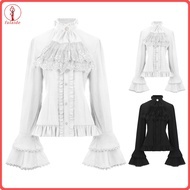 fulaide Women Retro Top Steampunk Style Turtleneck Bow Decor Lace Pure Color Long Bell Sleeves Singl