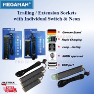 [SIRIM] MEGAMAN Trailing Extension Socket SURGE & NEON 2M/5M USB+Type C Extension Socket Fast Chargi