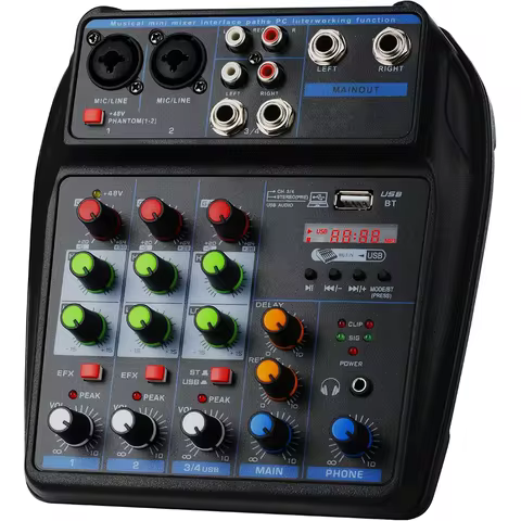 4-Channel Professional Audio Mixer with Bluetooth / 48V Phantom Power, Monitoring Function, USB Live