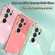 OPPO Reno6 Pro + 5G Reno4 Pro 4G K9 A93S R11S Plus Luxury Gold Frame Soft Plating Casing Square Flat Edge Silicone Case Lens Full Protect Shockproof Fashion Back Phone Cover