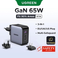 【UK+EU+US】UGREEN GaN 65W 3-Ports Universal Travel Adapter USB A USB C Charger Compatible with Phone