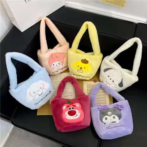 Sanrio Cute Plush Pompompurin Cinnamoroll Kuromi Bucket Bag Light Color Lunch Handbag Portable Kawai