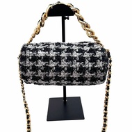 CHANEL 22S金扣千鳥格 毛呢圓筒手提斜背包24*11*14 98新配件塵袋