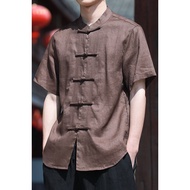 100% Linen Short-Sleeved Shirt Men's Ethnic Style Stand-Up Collar Button Summer Cicada Wing Thin Sty