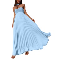 Womens Strapless Tube Top Maxi Dress Off Shoulder Pleated Long Dress with Neck Scarf Summer Flowy Ev