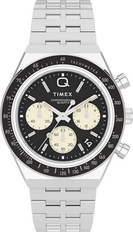 Q Timex Mens 40mm Watch – Black Dial Silver-Tone Case Black Bracelet Silver/Black
