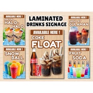 laminated signages coke float/choco float/fruit soda/halo halo/snowball,sagot gulaman a5 and a4 size