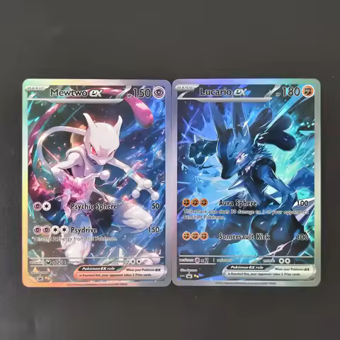 Proxy/PTCG Pokemon English Lucario EX Mewtwo EX Blue Ice Splash Background Full Art Textured Rainbow