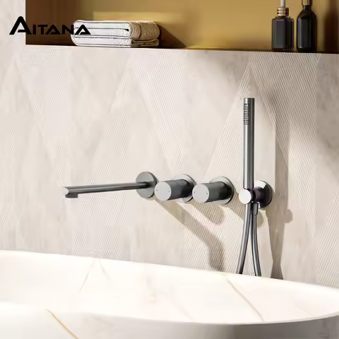 AITANA Minimalist Gunmetal Brass Wall Mounted Bathtub Faucet - Dual Handle Hot & Cold Water Embedded