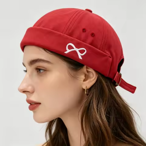 Cute Bow Tie Embroidered Skullcap Adjustable Streetwear Docker Hat Brimless Cap
