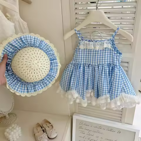 Girls Blue Gingham Dress &Hat - Lace Trim Sleeveless Sundress with Wide Brim Straw Hat Matching Flor