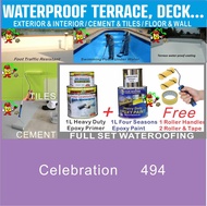 494 CELEBRATION ( full set 1L waterproof primer / 1L epoxy paint &amp; tools ) toilet wall &amp; floor Tiles / Cement floor or swimming pool waterproofing paint / terrace / deck ( heavy duty )