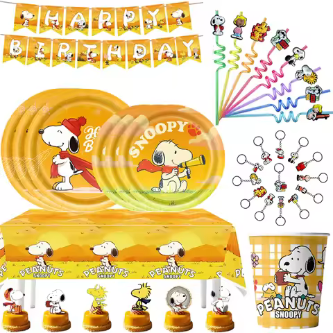 Birthday Party Decoration Snoopy Paper Tableware Set Tablecloth Keychain Cake Topper Plate for Birth