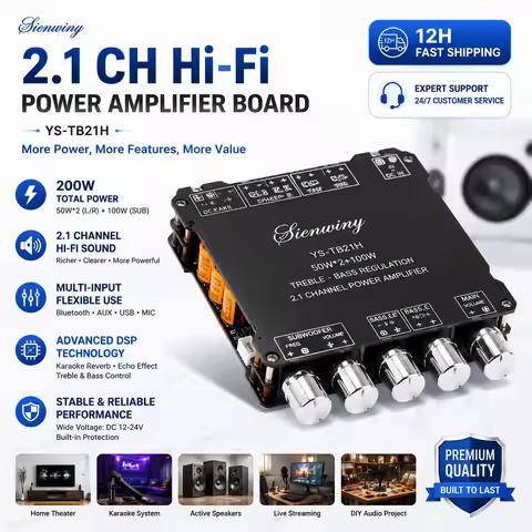 YS-TB21H 2.1 Channel Bluetooth Power Amplifier Board 200W HiFi Audio Amp 50W*2+100W DSP Karaoke AUX 