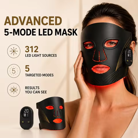 LED Face Mask 5 Light Modes Full Face Beauty Device Detachable Controller 10/15/20 Min Timer Recharg