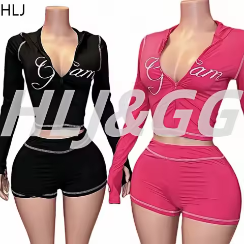 HLJ Summer Fashion Letter Print Woman 2 Piece Set Outfit Long Sleeves Zip Hooded Jacket + Shorts Mat