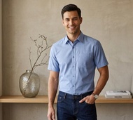 Durban Mens Premium Short Sleeve Shirt | Solid Blue Chambray Office Wear | Regular Fit Smart Casual 