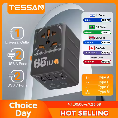 TESSAN 65W GaN International Plug Travel Adapter with USB Type C 140/100/35W Worldwide Universal Pow