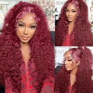 99j # สี Deep Wave 13*6 ลูกไม้ด้านหน้าวิกผม Burgundy Human Hair ความหนาแน่น 180% เส้นผมธรรมชาติฟรี P